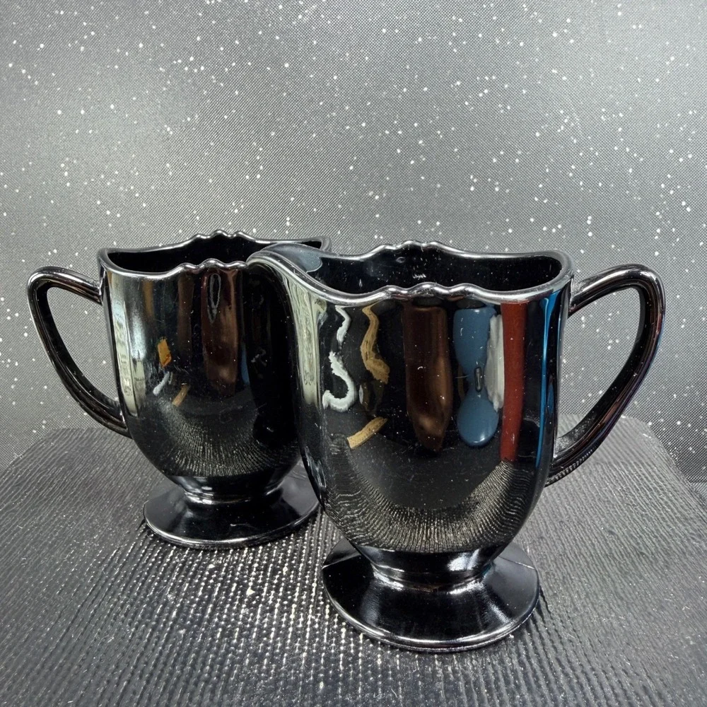 New Martinsville Black Amethyst Glass Creamer and Sugar Bowl Set Scalloped